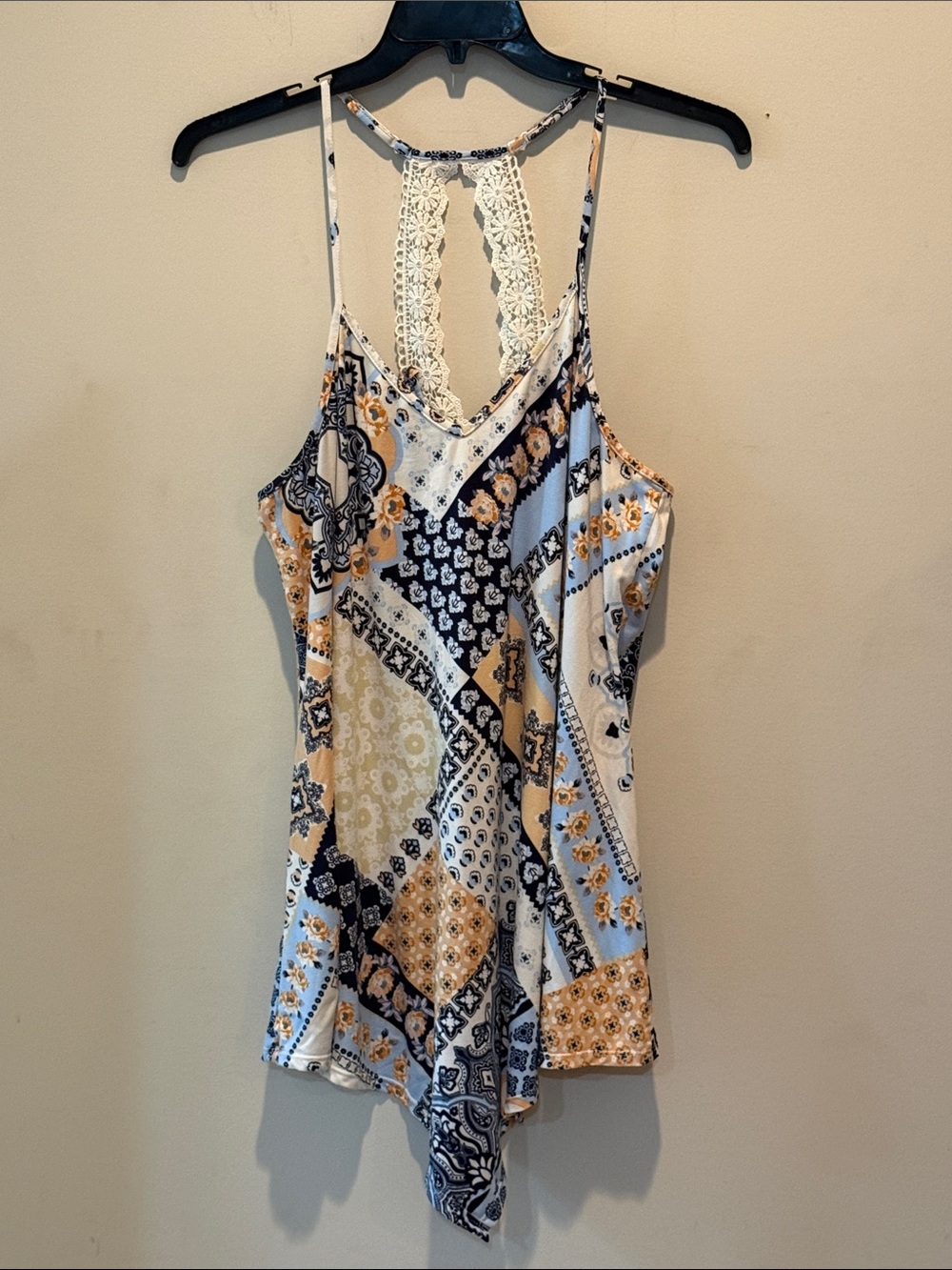 Linea Donatella Patchwork Print Lace-Back Tank Top - White/Blue/Tan
